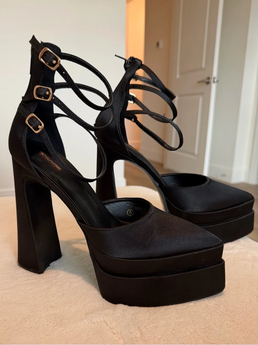PrettyLittleThing Satin Double Platform Pointed Black Heels